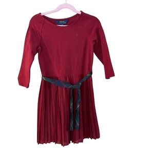 Polo Ralph Lauren Girls Red Pleated Dress with Plaid Belt Size 6X